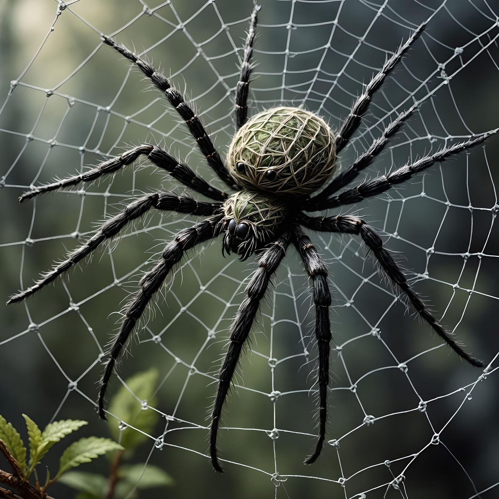 Fluffy String Spider on Spring Web in Comic Style