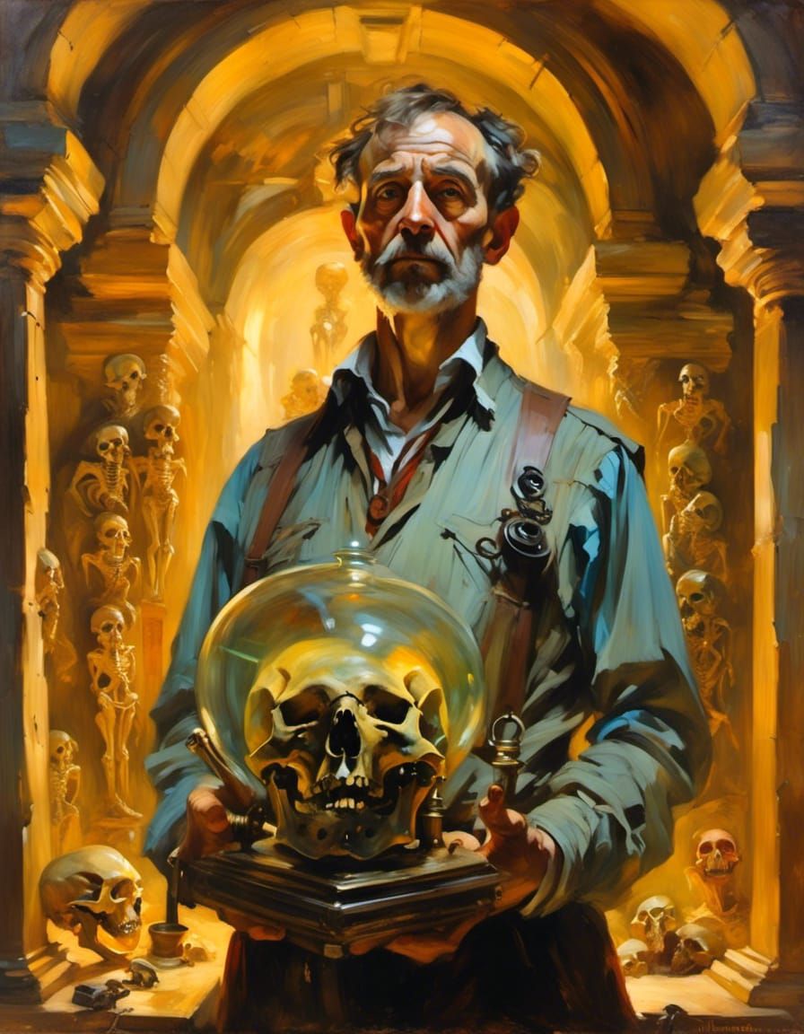 Steampunk Archaeologist in Chiaroscuro-Style Tomb