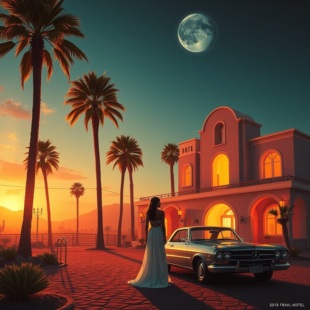 Dreamlike Oasis on Desert Highway in Psychedelic Style