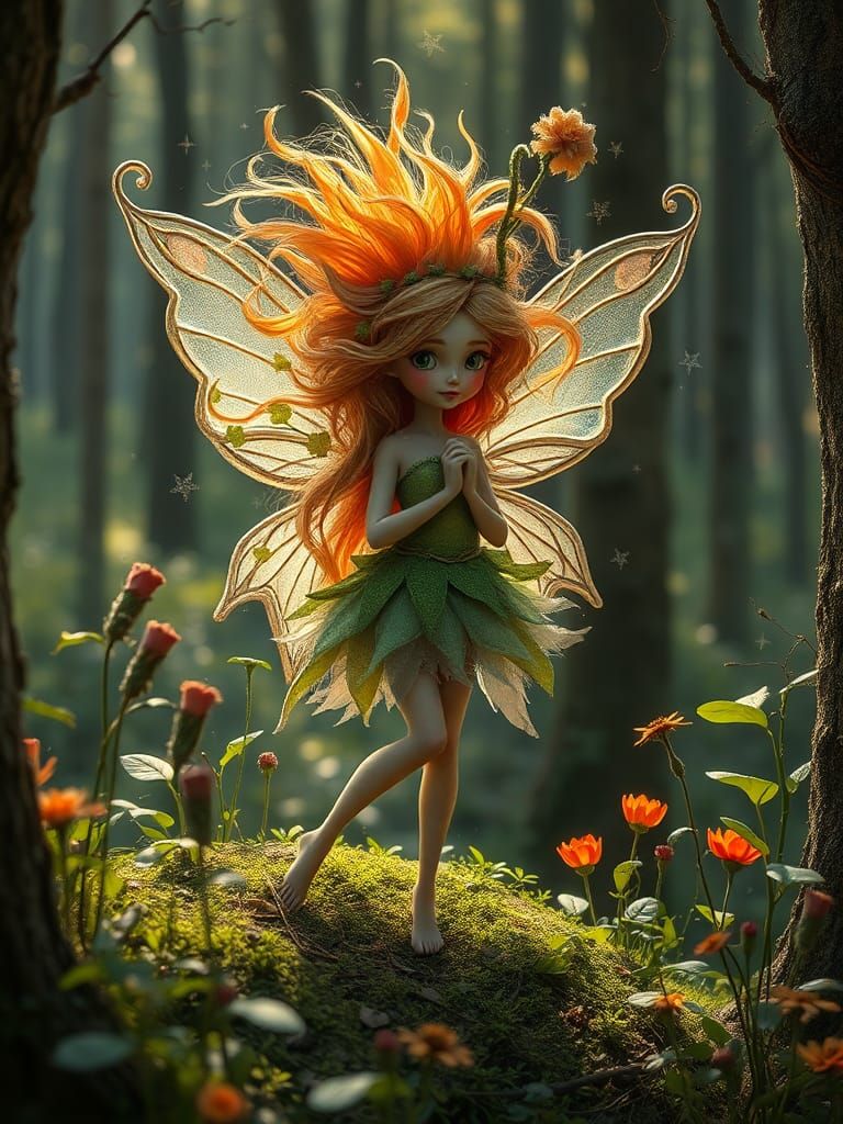Whimsical Fairy with Wild Hair in Forest