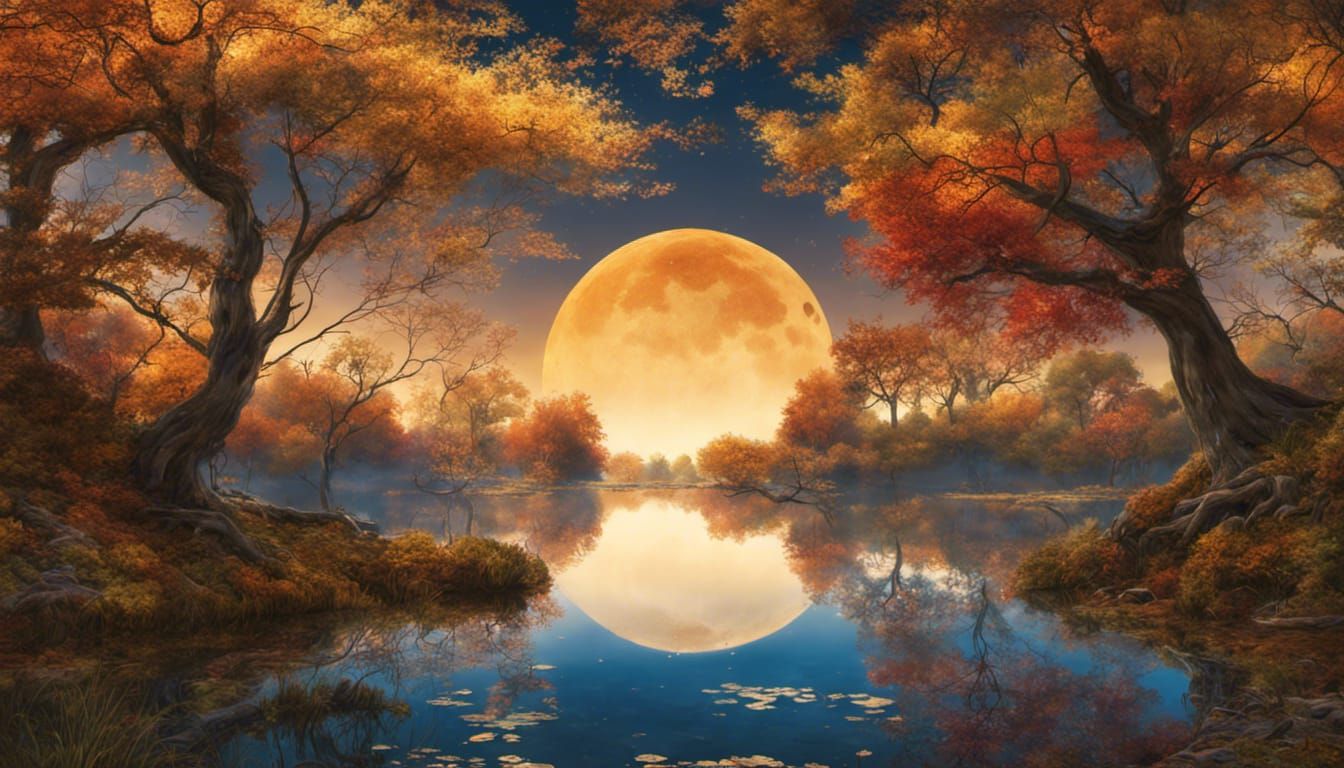 Art Nouveau Autumn Moon Fantasy Landscape