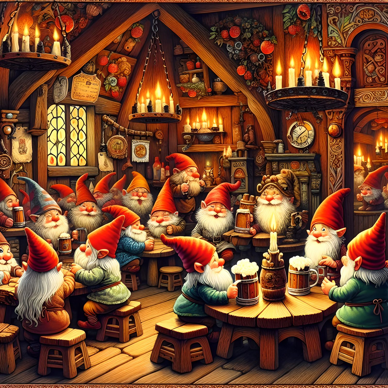 Gnomes in a gnome tavern, in the style of late 19th early 20...