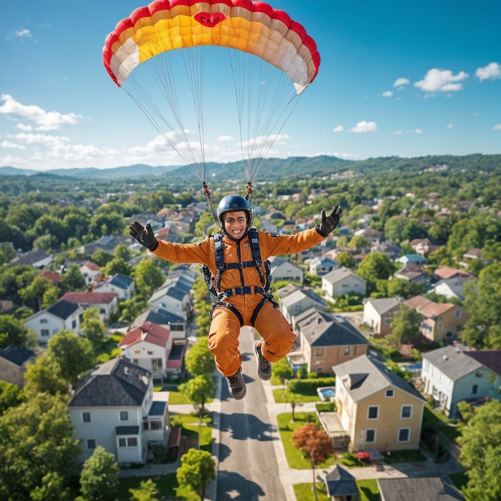 Parachutist Descending to Colorful Neighborhood in Tilt-Shif...