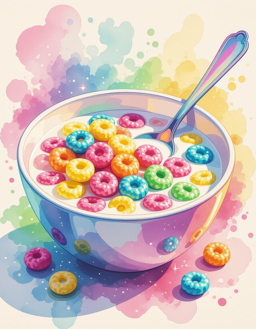Fruity Pebbles Cereal with Rainbow Milk in Watercolor Style