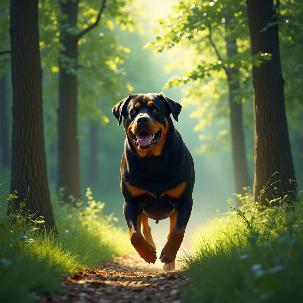 Majestic Rottweiler in a Serene Forest Landscape