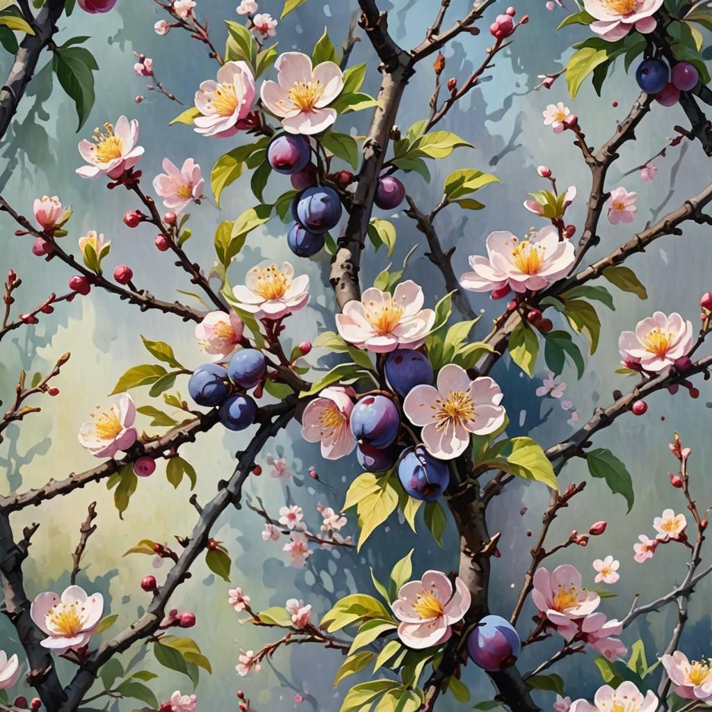 Fragrant Plum Blossoms in Gouache Impressionist Style