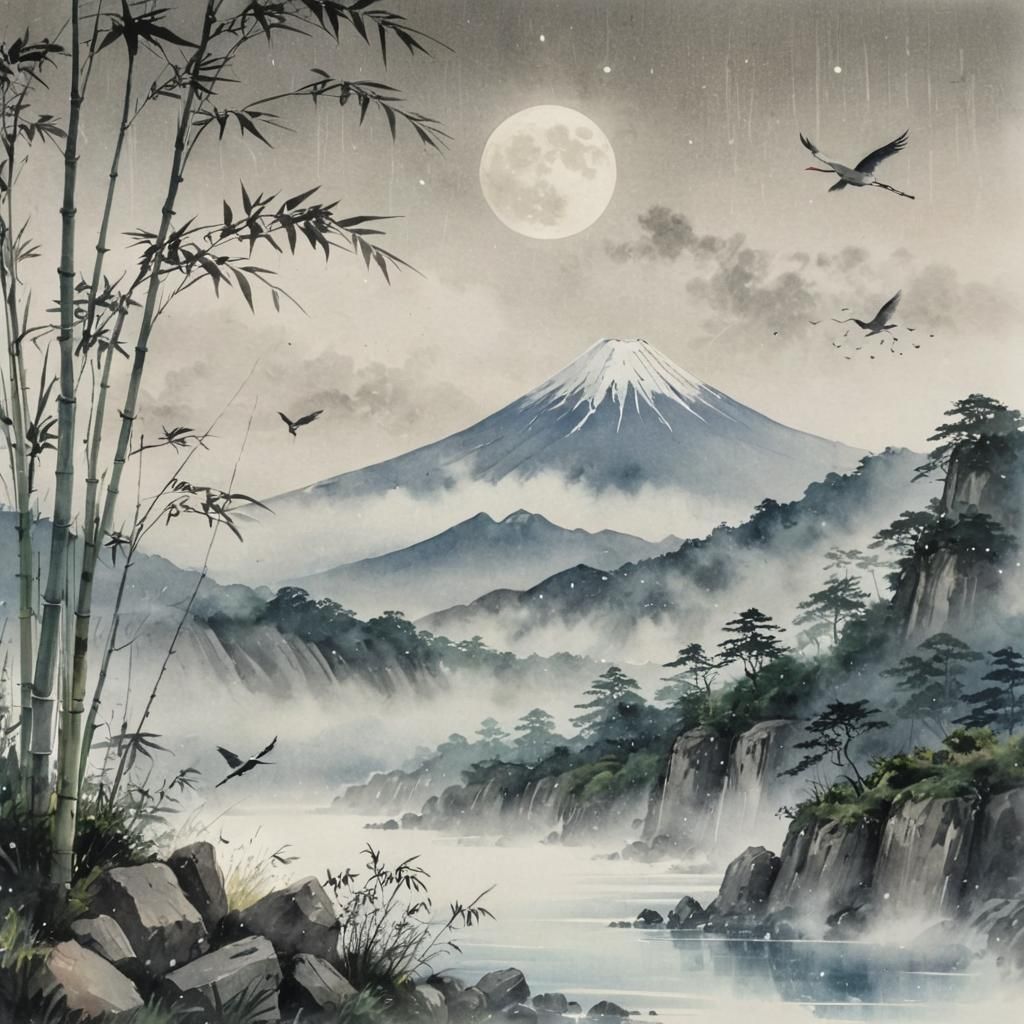 Hyperrealistic Mt. Fuji Scene with Crane and Moon