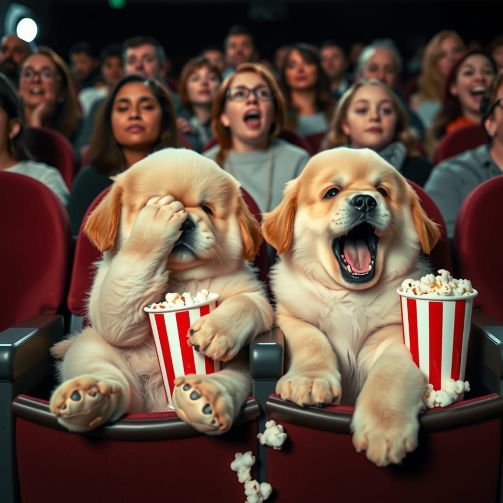 Two cute chubby fluffy puppies with popcorn cups are sitting in the front row of the cinema, watching a movie. One puppy...
