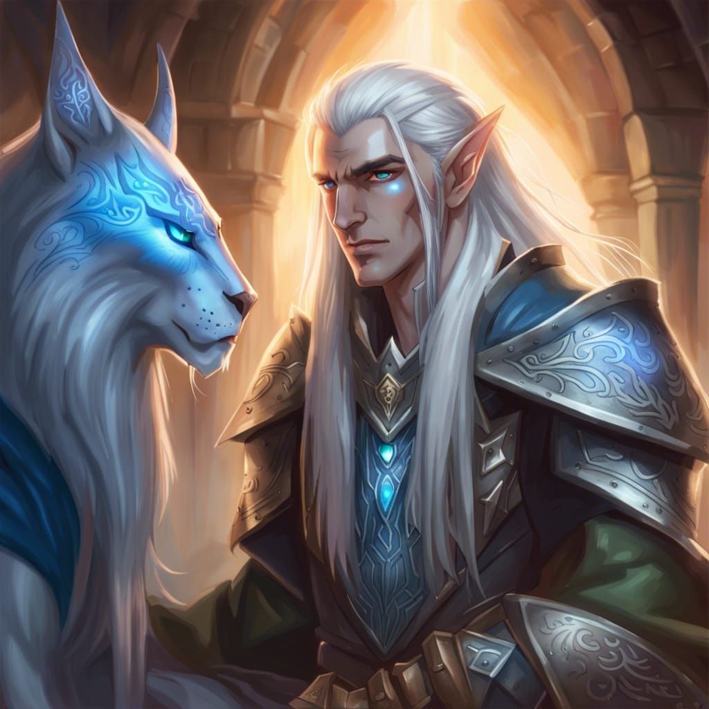 High Elf Wizard Paladin with Lynx in Fantasy Art