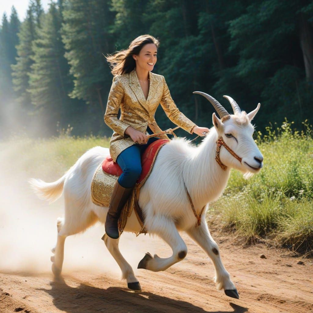 Woman Rides Glittering Goat in Fantasy Landscape