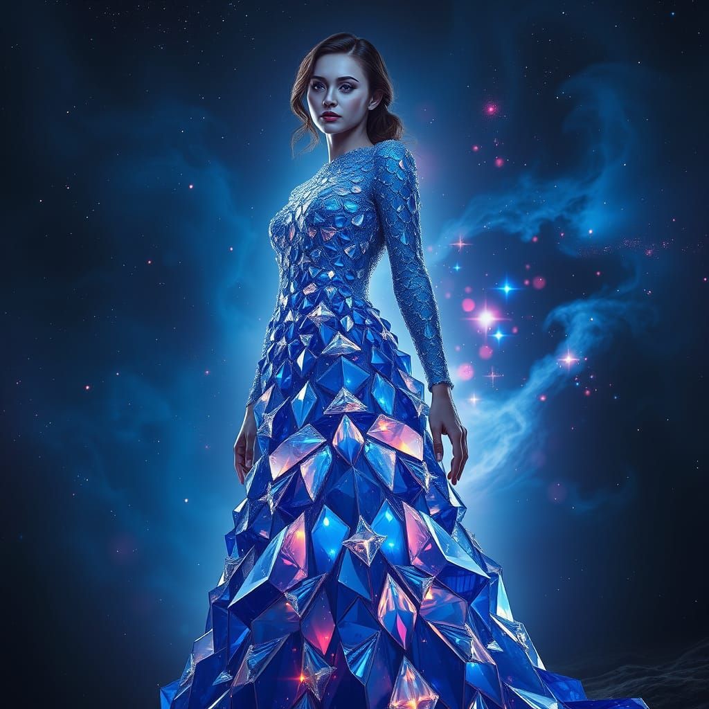 Woman in Flowing Sapphire Crystal Dress Amidst Cosmic Nebula