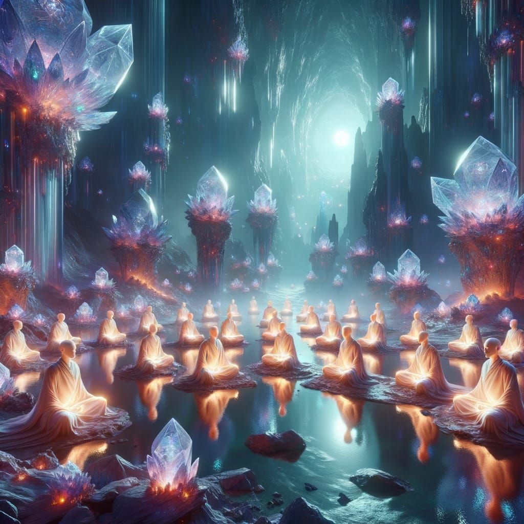 Bioluminescent Cave Meditation: A Surreal Scene