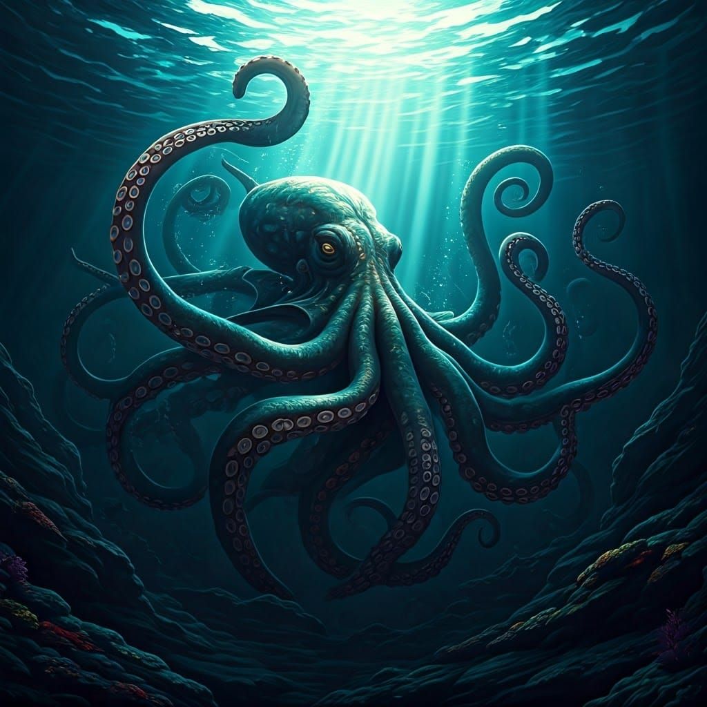 Majestic Kraken Rises from Ocean Depths in Vibrant Stained G...
