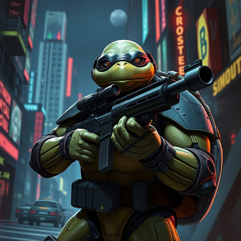 Cyborg Turtle Assassin in Futuristic Cityscape
