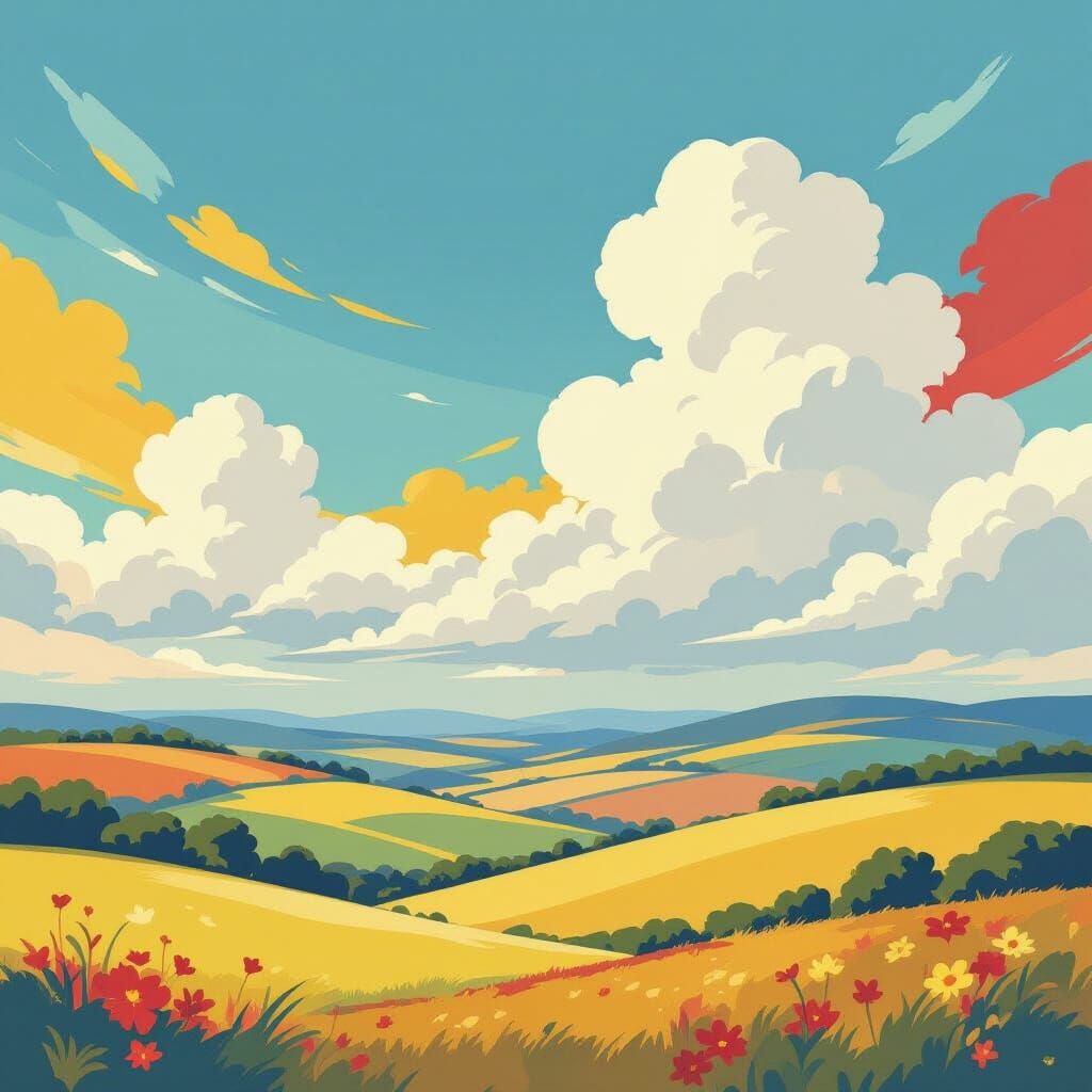 Dreamy Landscape with Vibrant Sky and Rolling Hills