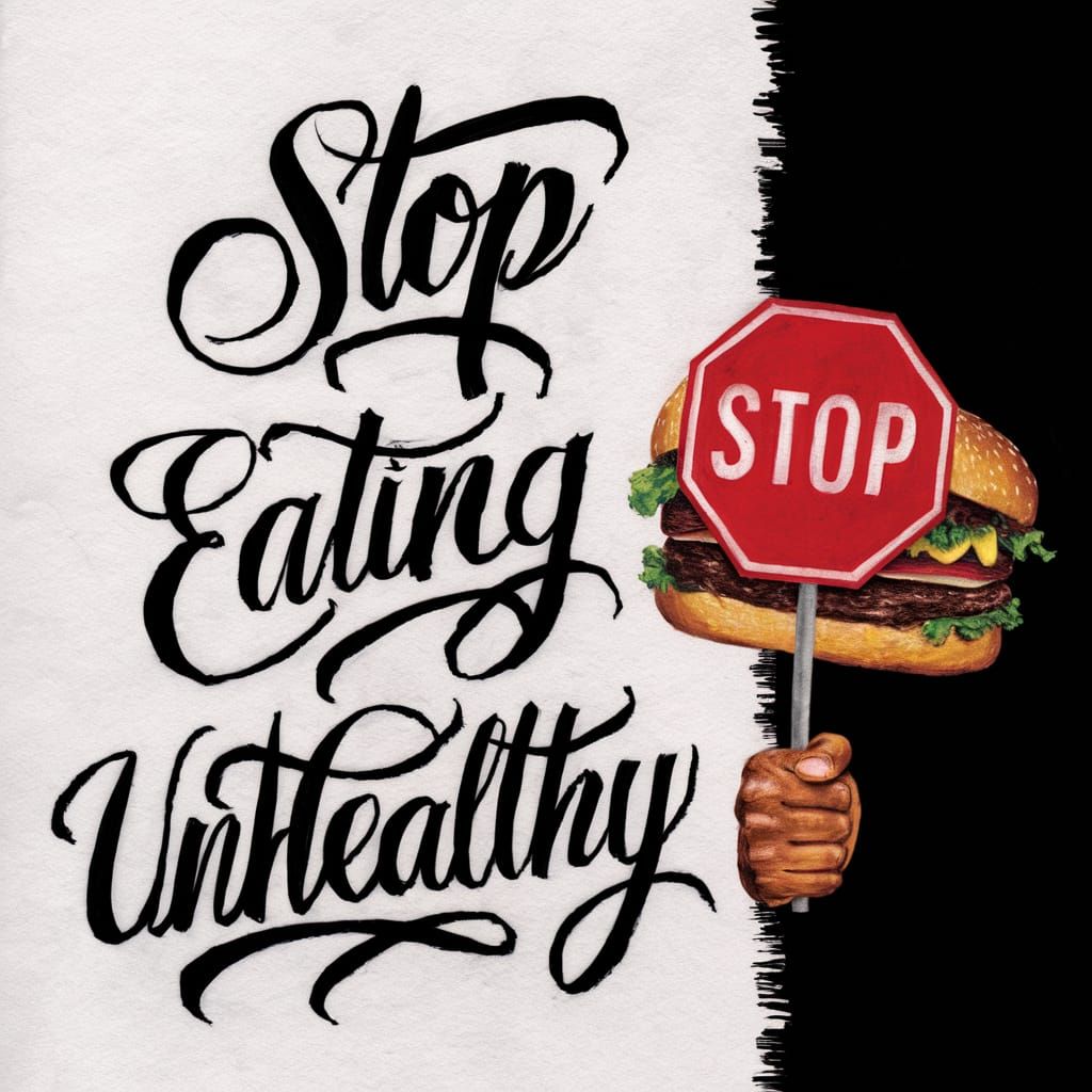 Surreal Hamburger Calligraphy Art with Stop Sign