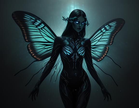 Iridescent Figure in Eerie Twilight with Bioluminescent Butt...