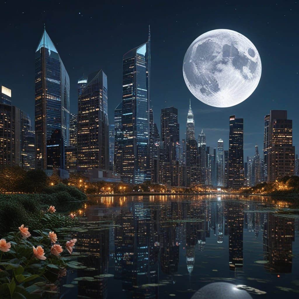 Vibrant Moonlit Cityscape with Flora and Skyscrapers