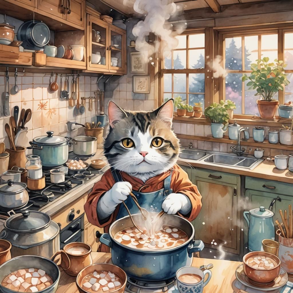 Cozy Cat Making Hot Chocolate: Anime Art