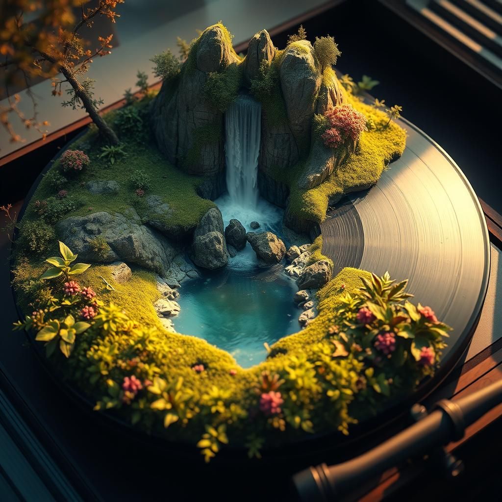 Surreal Music Disc Waterfall on Vintage Phonograph