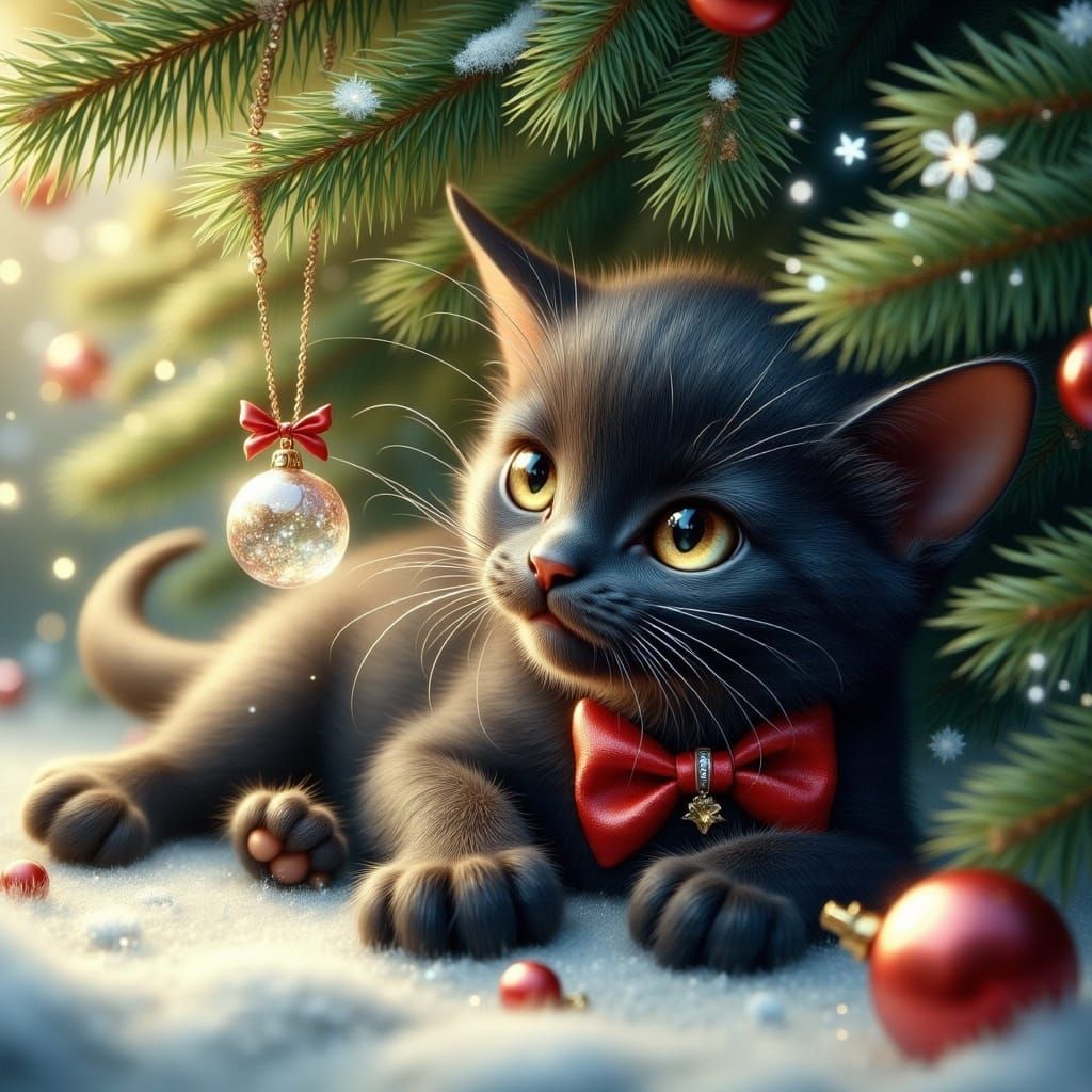 Whimsical Kitten's Christmas Mischief: Watercolor Illustrati...