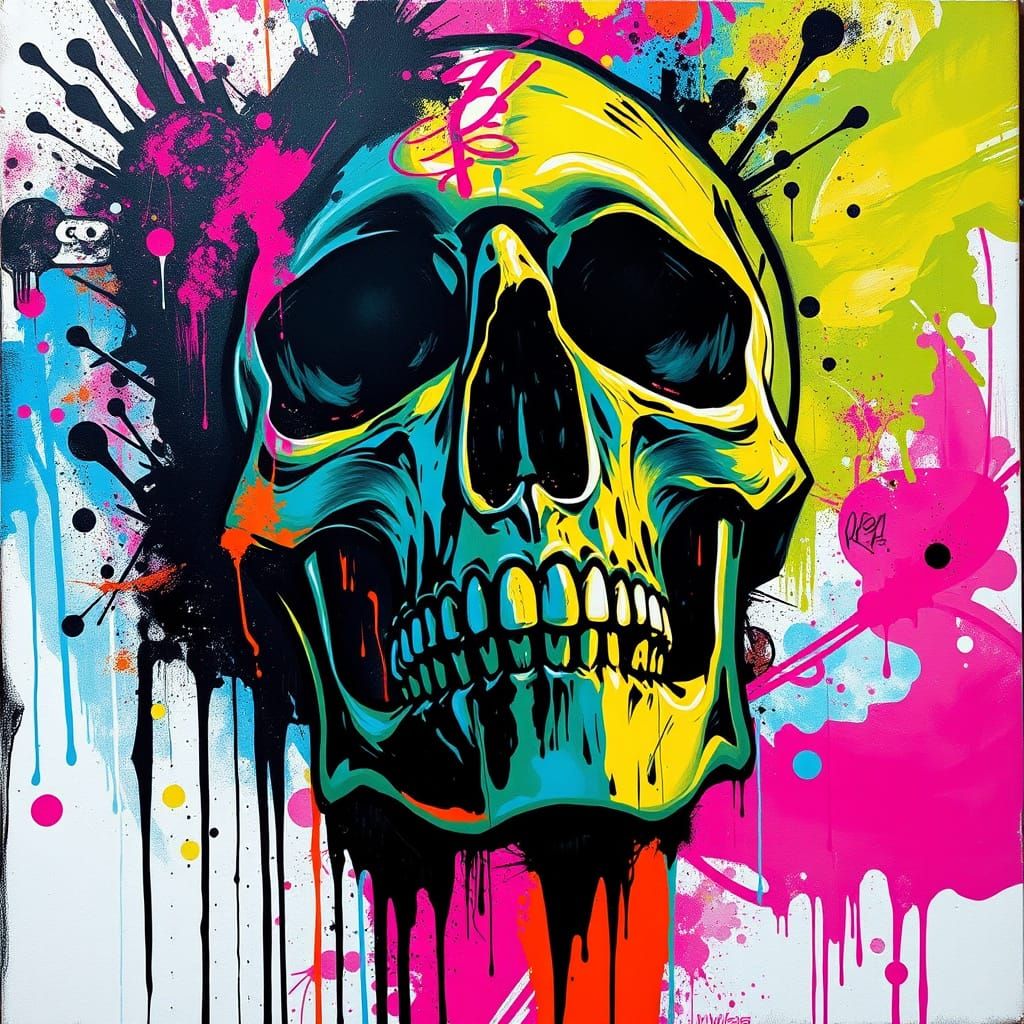 Vibrant Street Art Skull in Abstract Expressionism Style