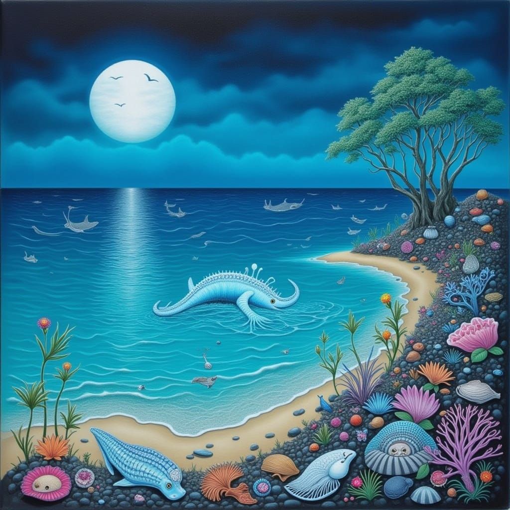<lora:THALASSA SEA:1.0> <lora:SQUIGGLE SEA:1.0> <lora:BLACK BEACH:1.0> <lora:Archetypal Images:1.0> A surreal painting i...