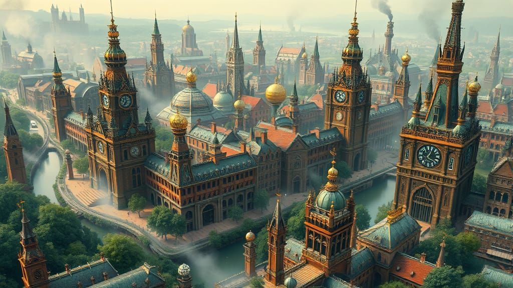 Majestic Clockwork Metropolis in Vibrant Greenery