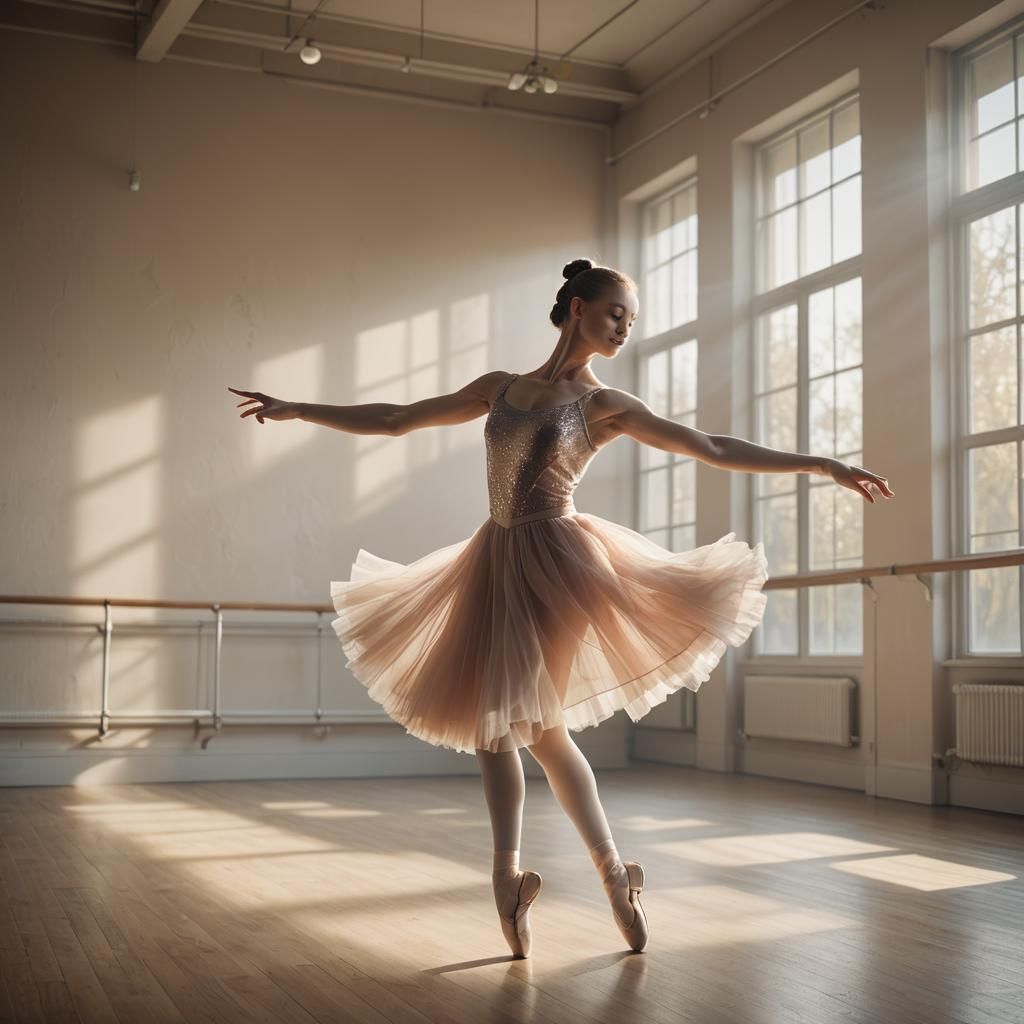Ethereal Ballet Dancer Leaping in Sunlit Studio