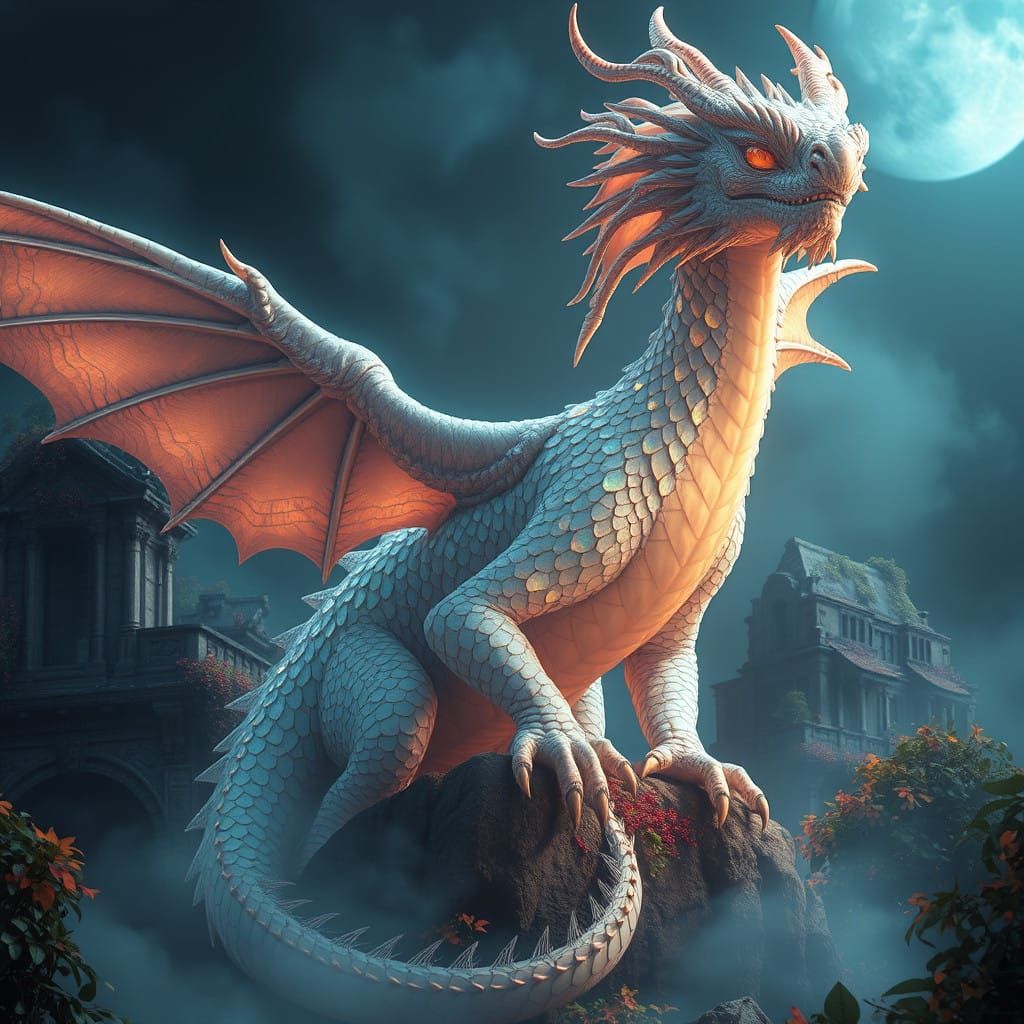 Majestic Pearl Dragon Amidst Ancient Ruins