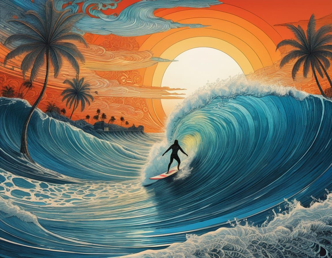 Psychedelic Sunset Surfer in 70's Aesthetic