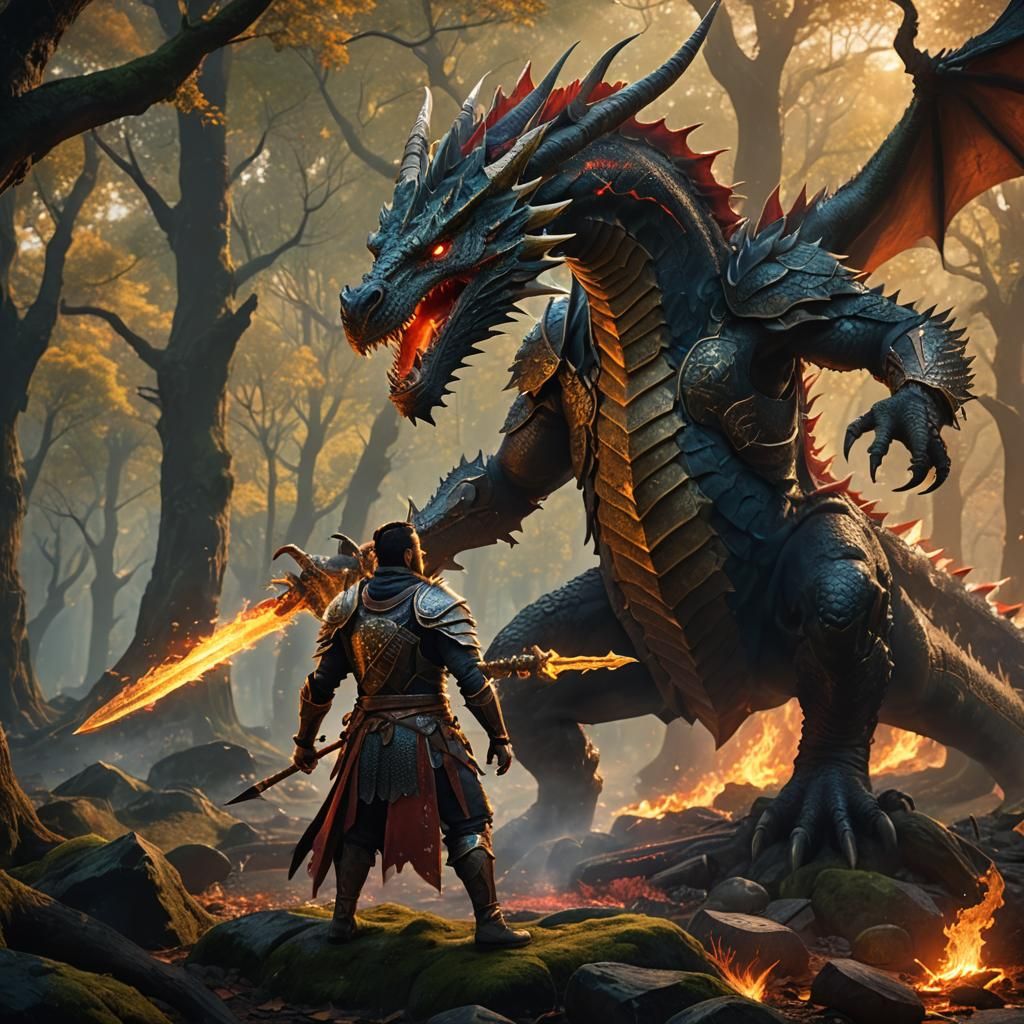 Hero vs Dragon in Mystical Forest Concept Art