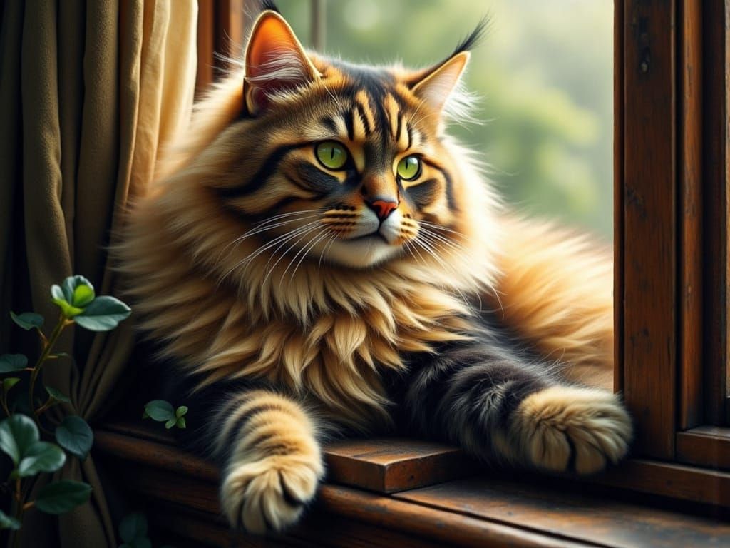 Fluffy Feline Basks in Warm Sunlight Through a Wooden Window