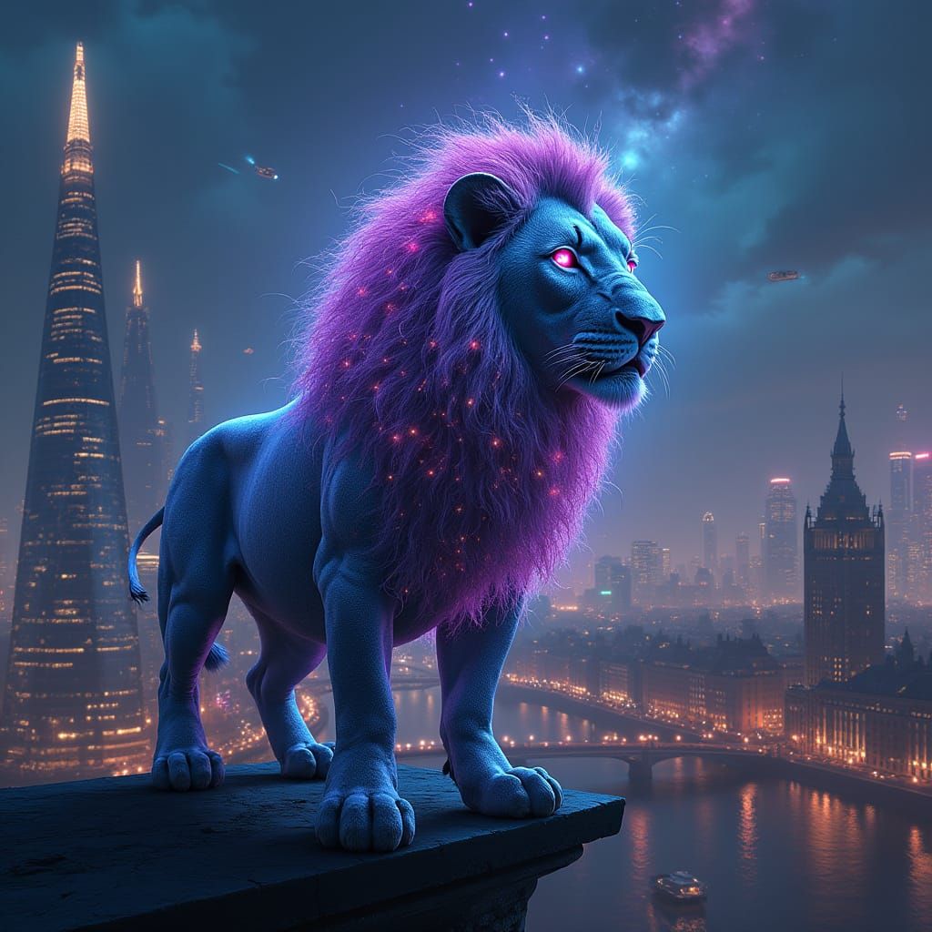 Bioluminescent Lion Overlooking Futuristic London