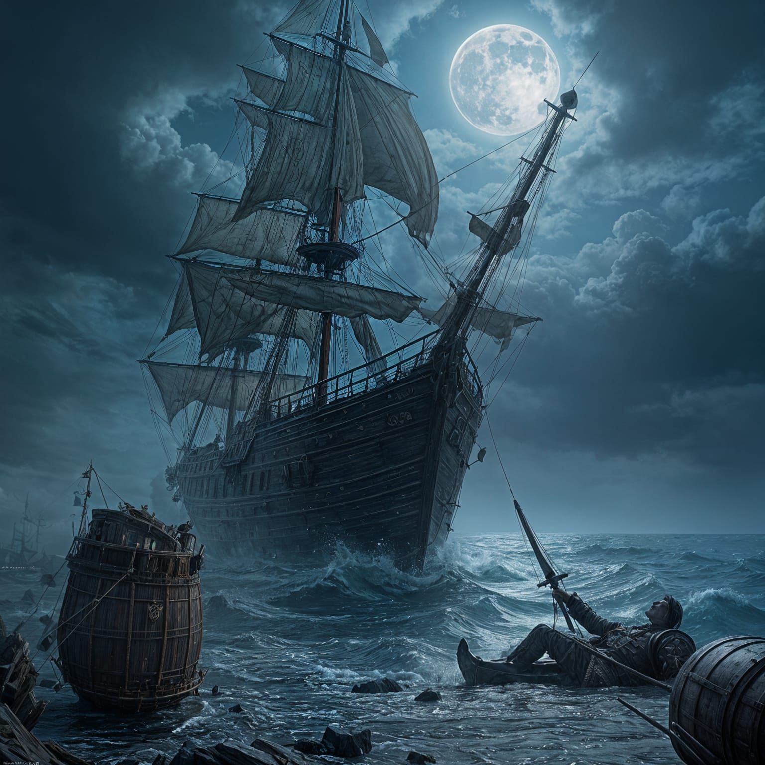 Pirate Ship in Turbulent Seas, Drunken Sailors in Chaos