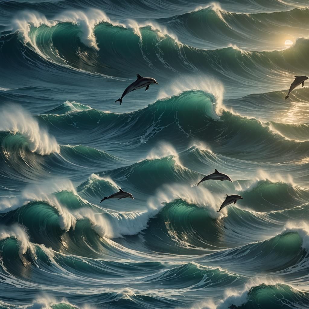 Bioluminescent Ocean Waves with Leaping Dolphins