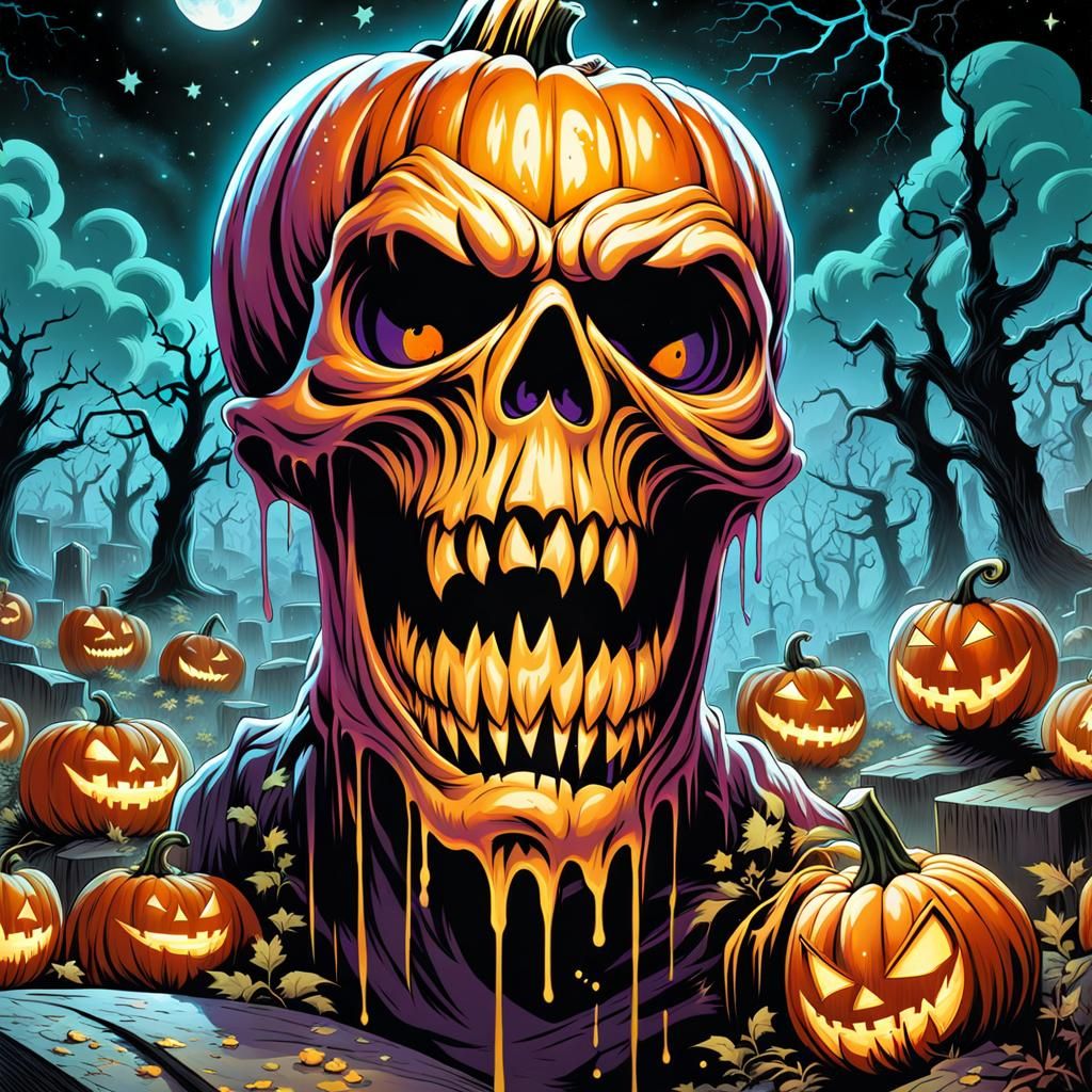 Sinister Zombie Pumpkin Head in Graveyard Art
