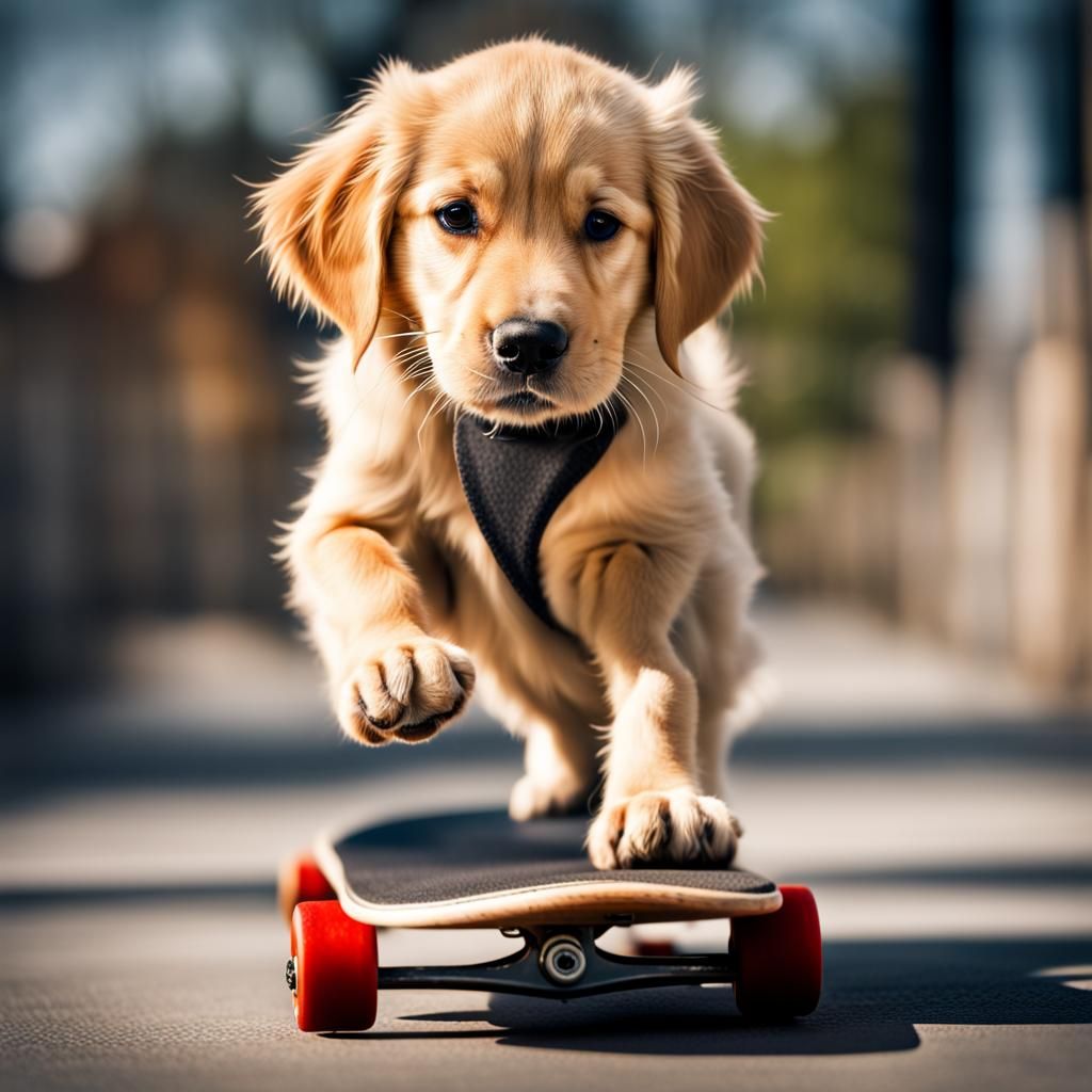 Golden Retriever Puppy on Skateboard, Hyperrealistic Style