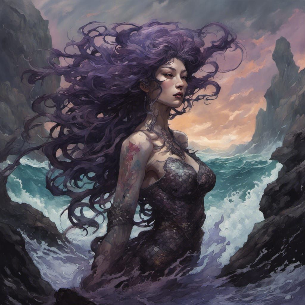 Dark Mermaid in Storm, Fantasy Concept Art