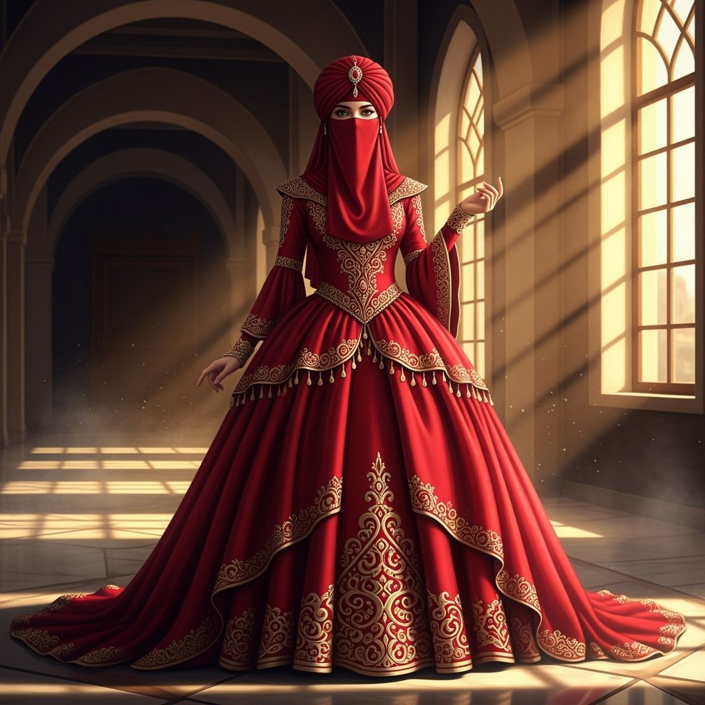 Turkish Woman in Crimson Niqab and Ball Gown