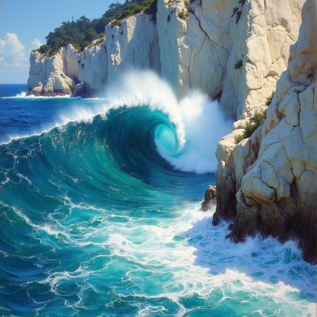 Crashing Wave at Marble Cliffs in Impressionist Style