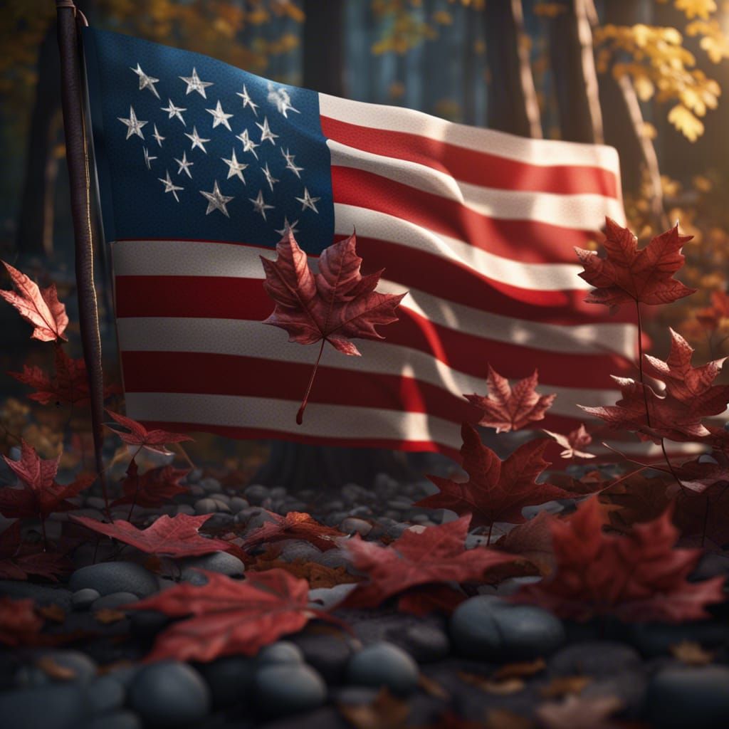 American Flag with Autumn Leaves, Detailed Matte Painting