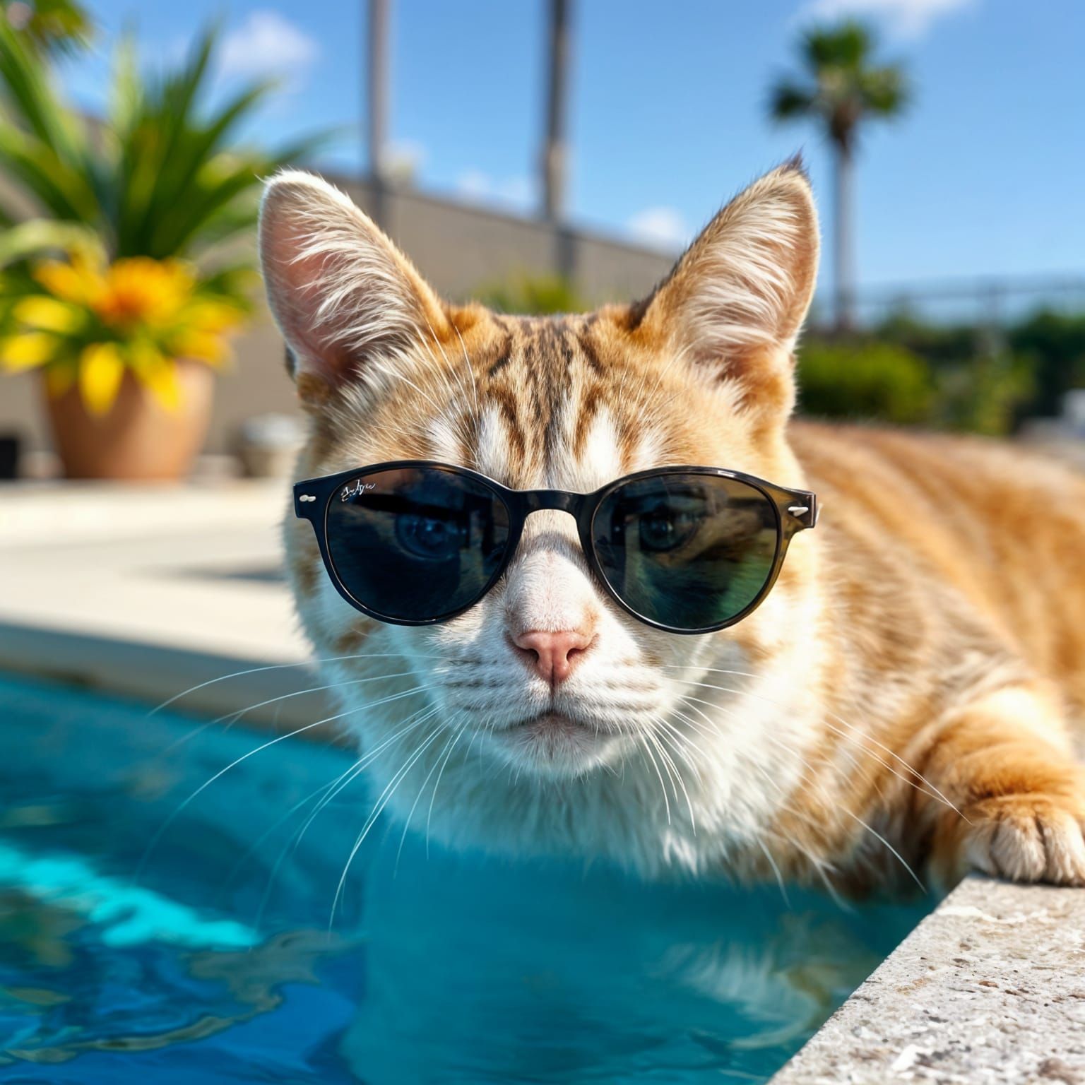 Cat with Sunglasses Relaxing by the Pool