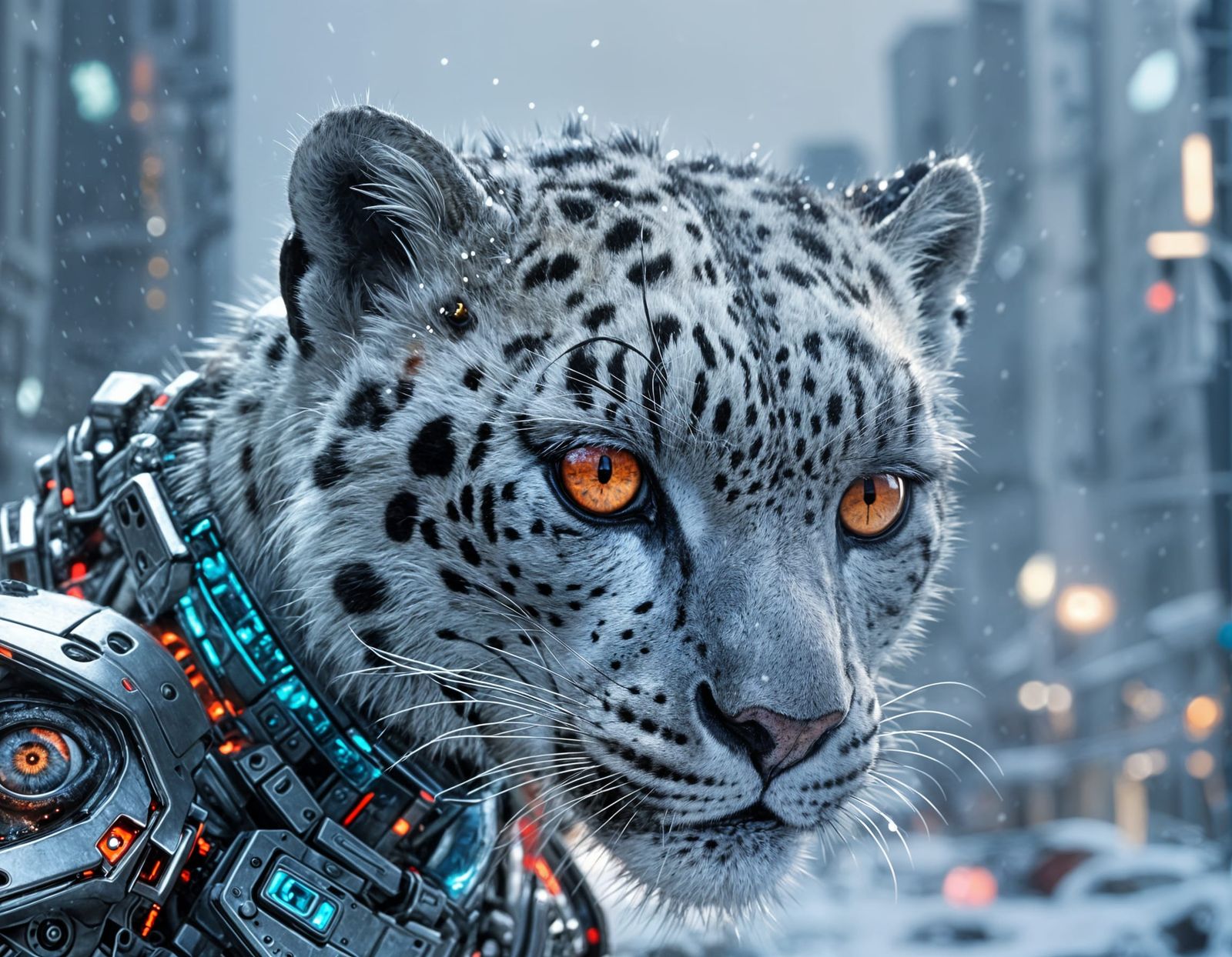 Photorealistic Snow Leopard Cyborg in Snowy City