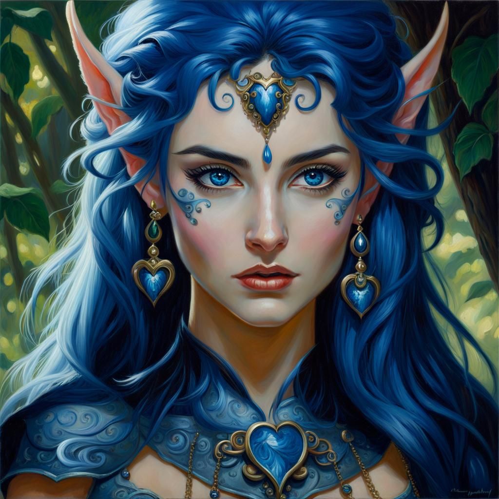 Elven Woman with Blue Hair as Oil Painting