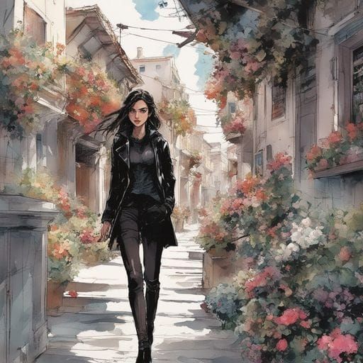 Italian Girl Portrait with Sea View, Splash Art Style