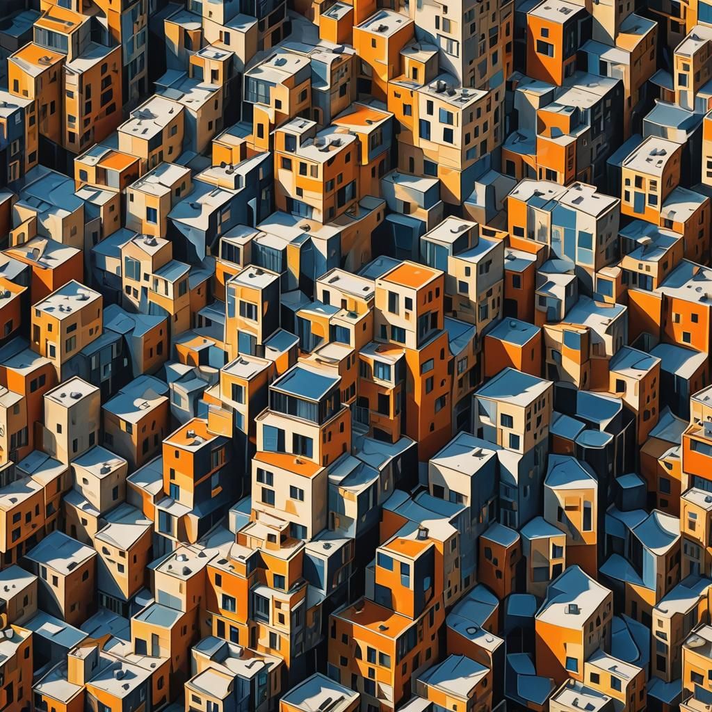 Cubist Architecture in Surreal Cityscape