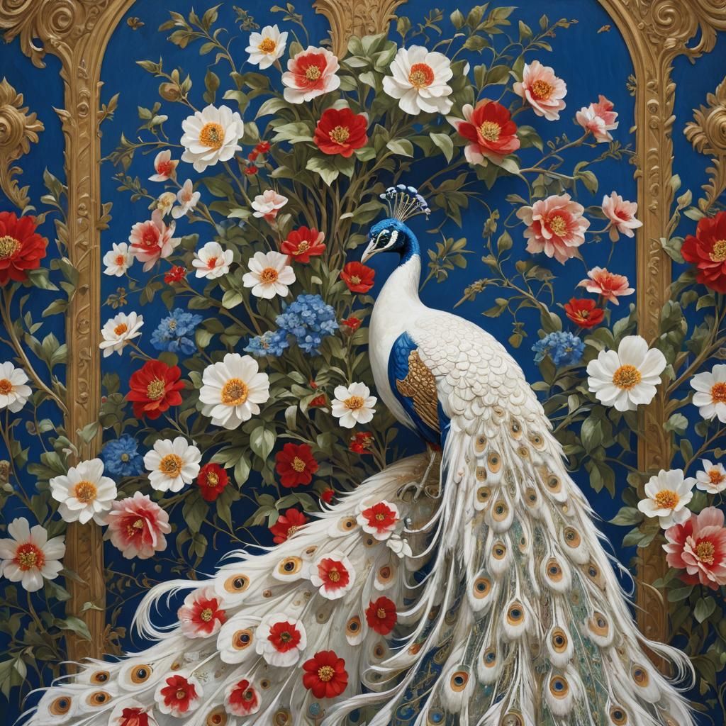 White Peacock with Gold Lining Oil Painting