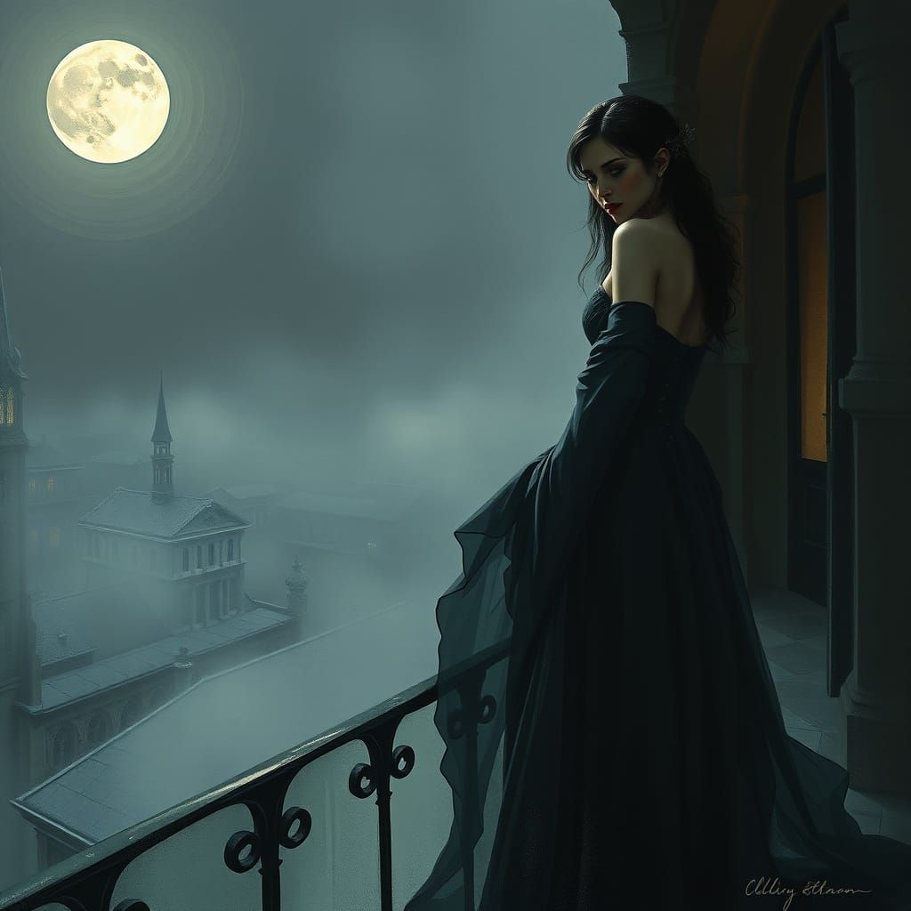 Mysterious Woman on Moonlit Balcony in Foggy City