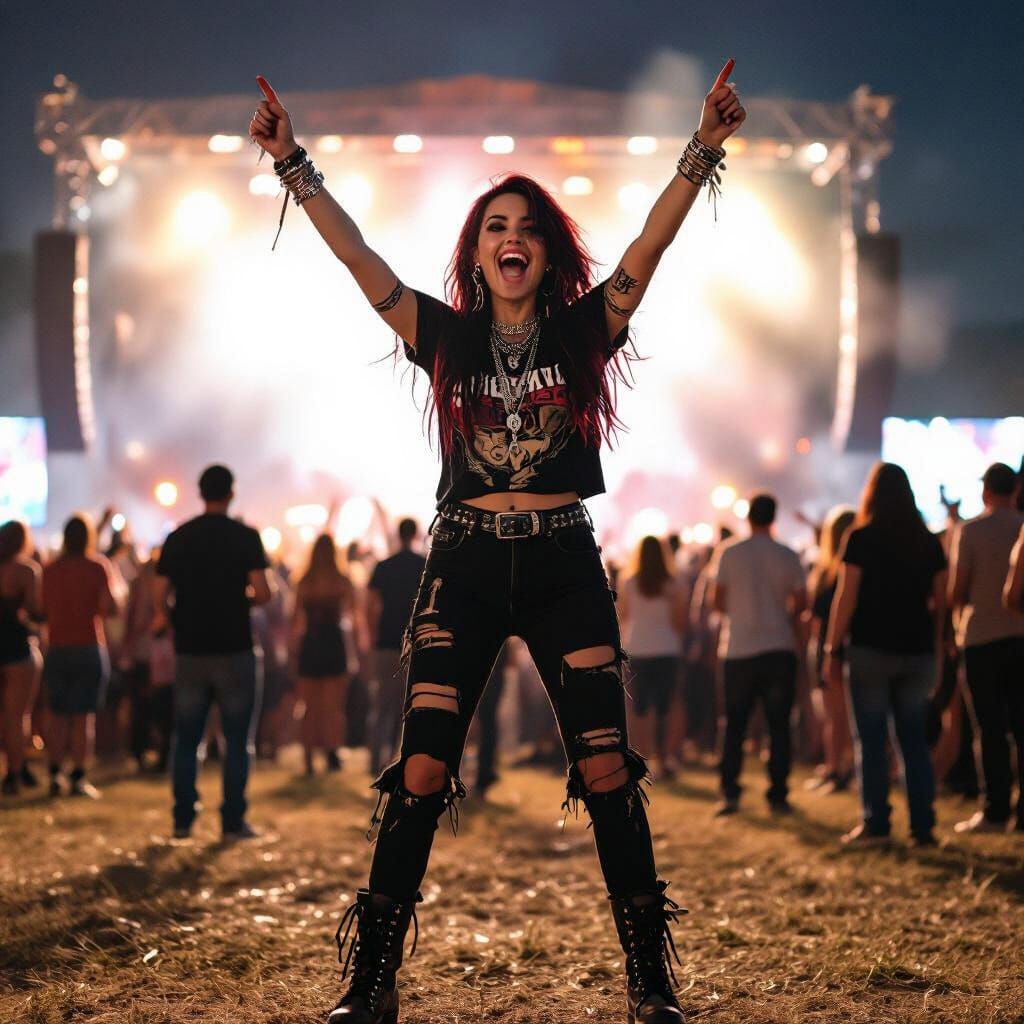 Woman at Rock Festival in 90s Grunge Style